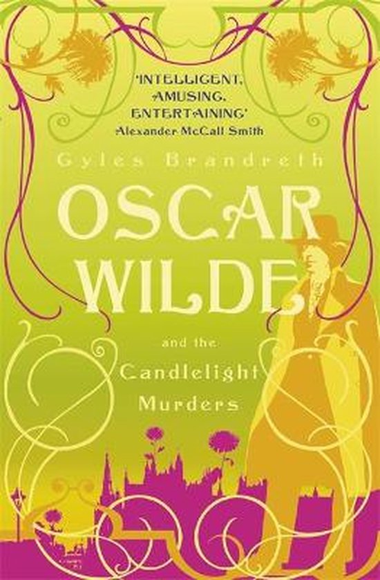 Boek 'Oscar Wilde and the Candlelight Murders' met gele en groene achtergrond en paarse silhouetten van gebouwen.