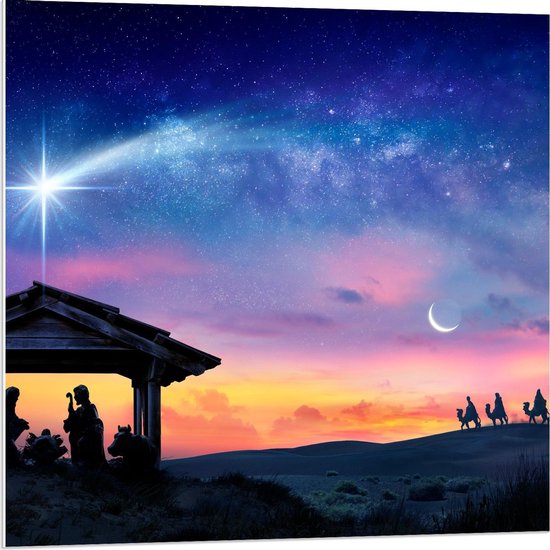 Forex - Silhouet van Geboorte van Jezus en de Drie Wijzen - 80x80cm Foto op Forex