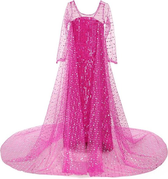 Prinses - Elsa jurk met sleep - Prinsessenjurk - Verkleedkleding - Feestjurk - Sprookjesjurk - Roze - Maat 122/128 (6/7 jaar)
