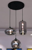 3 lichts hanglamp -  smoke glas mix vorm - zwarte ronde ophang plaat 40cm dia