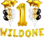Decoratie en kleding set Black, White and Gold voor een eerste verjaardag