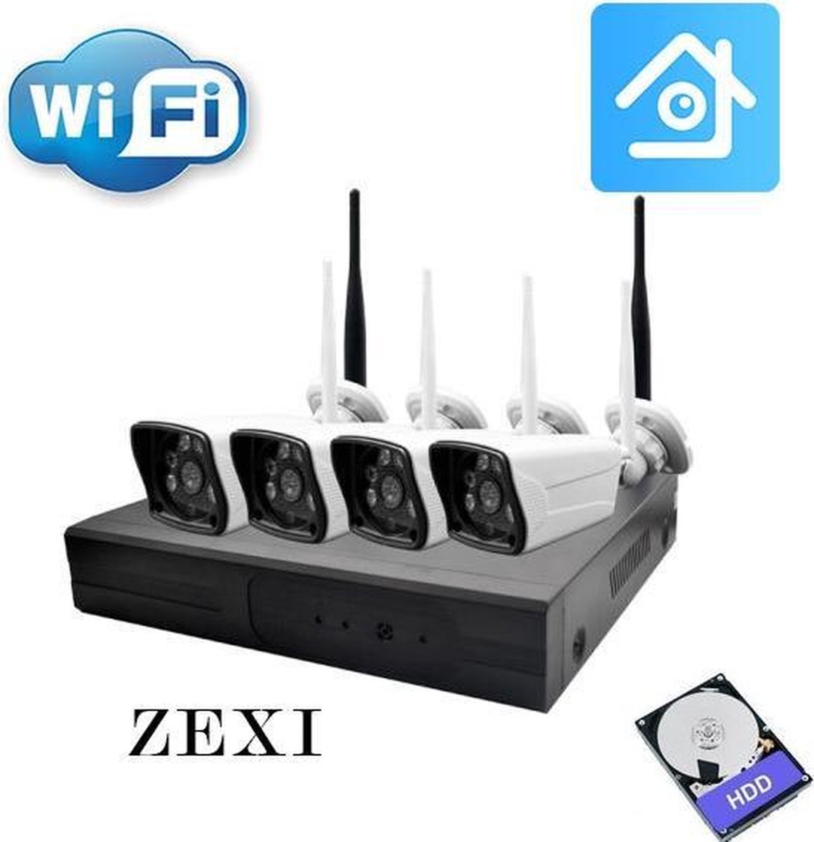 ZEXI Wifi Kit - Camera beveiliging systeem - Wifi - Voor Buiten - 4 Camera's - Draadloos - Compleet Systeem - Met 500 GB - Wit