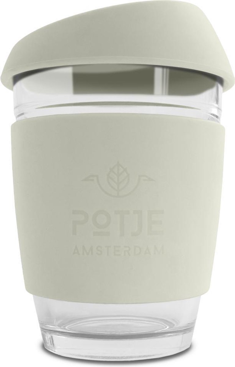 Potje Amsterdam Java Dune White 330ML – Re-usable Glass Cup – Koffie en Thee to go – Ideaal voor kantoor thuis en onderweg – Echt glas – Koffiebeker – Theebeker – Herbruikbaar