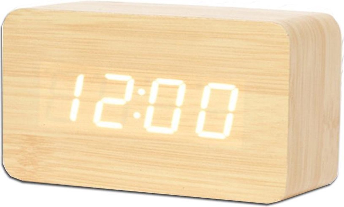 Houten wekker – Alarm Clock – Rechthoek midden - Beige kleur – Reiswekker - Tijd datum temperatuur weergave – Gratis Adapter - Draadloos met batterijen