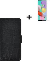 Oppo A73 5G Hoesje - Oppo A73 5G Screenprotector - Oppo A73 5G Wallet Book Case Echt Leer Croco Zwart + Screenprotector