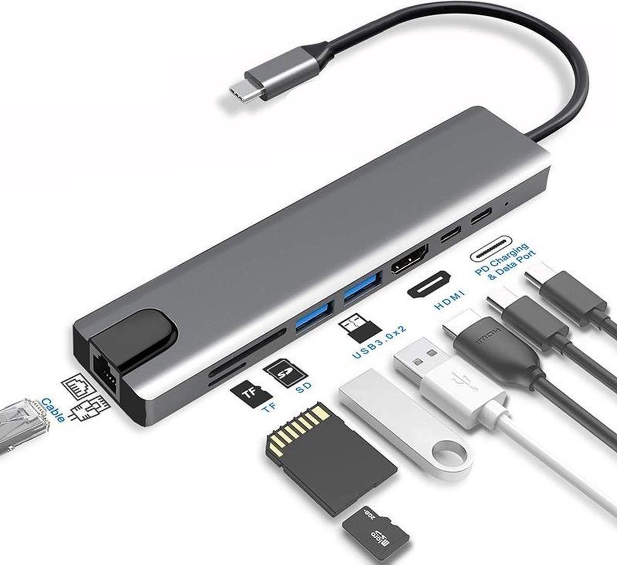 BrightNerd 8 in 1 V2 USB-C adapter - hub - RJ45 - HDMI - USB - SD - Space Grey - BrightNerd