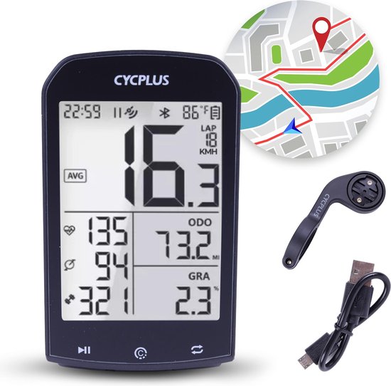 Cycplus® Draadloze & Waterbestendige Fietscomputer - Datavisualisatie d.m.v Bluetooth - Fiets GPS - Extra Groot Scherm - Zwart