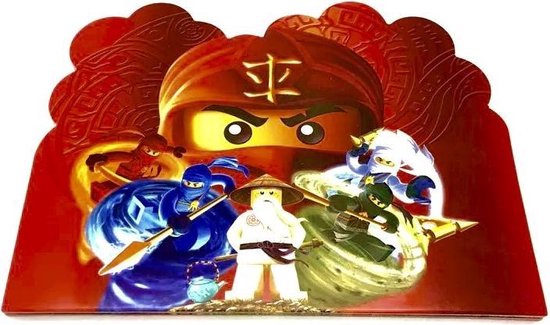 Carte d'invitation Lego Ninjago rouge avec les personnages Ninjago en action.