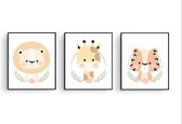 Poster Set 3 Lieve Leeuw Giraf Tijger - Safari Dieren - Kinderkamer - Dieren Poster - Babykamer - Kinderposter / Babyshower Cadeau - 40x30cm - PosterCity