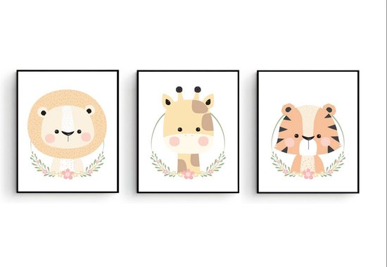 Poster Set 3 Cher Lion Tiger Girafe - Animaux Safari - Enfants - Affiche Animaux - Chambre de bébé - Affiche Enfants / Cadeau Baby Shower - 40x30cm - Poster