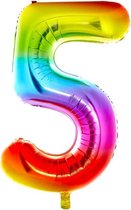 Cijfer Ballon nummer 5 - Helium Ballon - Grote verjaardag ballon - 32 INCH - Regenboog  - Met opblaasrietje!
