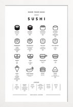 JUNIQE - Poster in houten lijst Sushi infographic -30x45 /Wit & Zwart