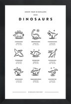 JUNIQE - Poster in houten lijst Dinosaurussoorten -60x90 /Wit & Zwart