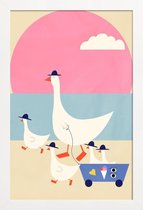 JUNIQE - Poster in houten lijst Geese on Vacation -30x45 /Blauw & Roze