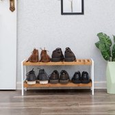 schoenenrek van bamboe, badkamerplank met 2 niveaus, schoenenkast, schoenenrek, 70 x 33 x 26 cm (B x H x D), witte en natuurlijke kleuren LBS02H