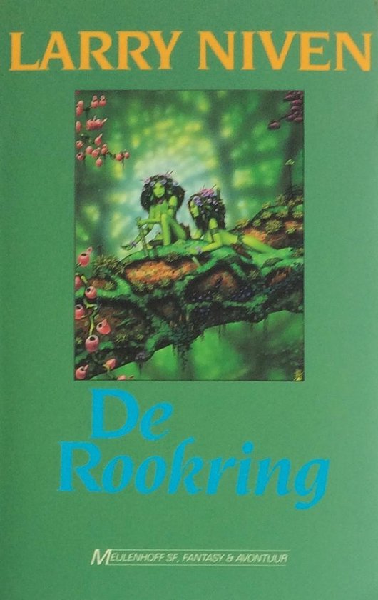 Boekomslag van "De Rookring" van Larry Niven met op de omslag twee groene wezens met bloemen in hun haar, zittend op een boomtak in een bos.