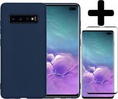 Hoesje Geschikt voor Samsung S10 Hoesje Siliconen Case Met Screenprotector - Hoes Geschikt voor Samsung Galaxy S10 Hoes Siliconen - Donkerblauw