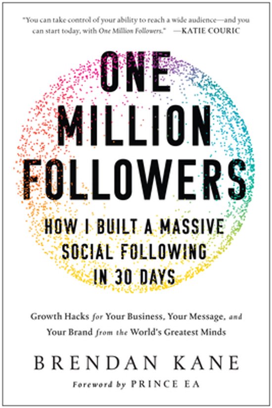 Boekomslag: 'ONE MILLION FOLLOWERS', met cirkel van gekleurde stippen en tekst over sociale media.