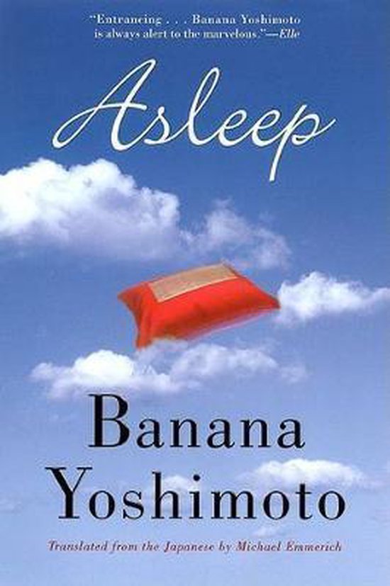 Boekomslag van "Asleep" met een rode kussen met gouden hoes die zweeft in de lucht tussen de wolken.