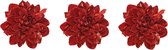 3x stuks decoratie bloemen velvet rood op clip 16 cm - Decoratiebloemen/kerstboomversiering/kerstversiering