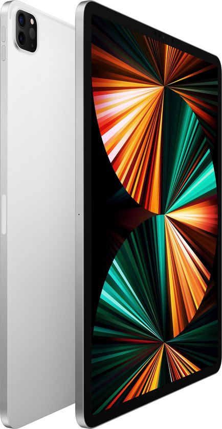 Zilveren iPad Pro, zijaanzicht, met een kleurrijk abstracte achtergrond op het scherm.