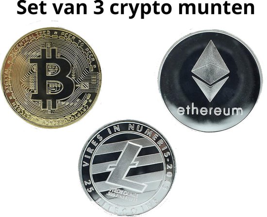 Foto: Bitcoin munt ethereum munt litecoin munt set van 3 cryptovaluta crypto munt crypto wallet bitcoin standaard