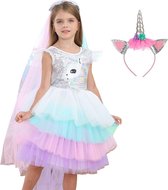 Eenhoorn jurk Unicorn jurk eenhoorn kostuum -zilver glitter- 110-116 (120) + haarband prinsessen jurk verkleedkleding