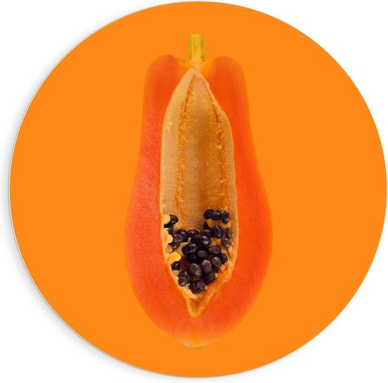 Forex Wandcirkel - Oranje Vrucht met Paarse Pitje  - 90x90cm Foto op Wandcirkel (met ophangsysteem)