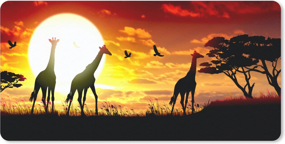 Muismat Afrika illustratie - Een illustratie van Afrikaanse giraffen tegen de zon muismat rubber - 80x40 cm - Muismat met foto