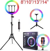 Selfie LED Ring Lamp 26Cm met Kleuren / RGB LED + Tripod - Statief Camera 210 CM hoog Inclusief Bluetooth afstandsbediening en Telefoonhouder Selfie - lamp -Ringlamp - Statief - Tik tok - fli