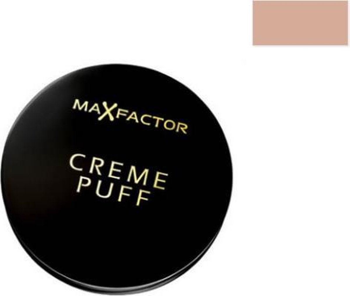 Max Factor Crème Puff poeder, goudkleurige deksel geopend, poeder lichtroze.