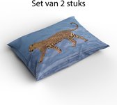 2 x kussenhoes 45 x 45 cm - blauw met tijger - satijnlook - hoes voor sierkussen - set van 2 stuks