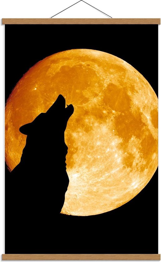 Schoolplaat – Silhouette van Wolf bij Maan - 60x90cm Foto op Textielposter (Wanddecoratie op Schoolplaat)