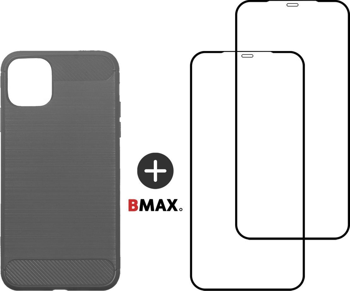 BMAX Telefoonhoesje geschikt voor iPhone 12 Mini - Carbon softcase hoesje grijs - Met 2 screenprotectors full cover