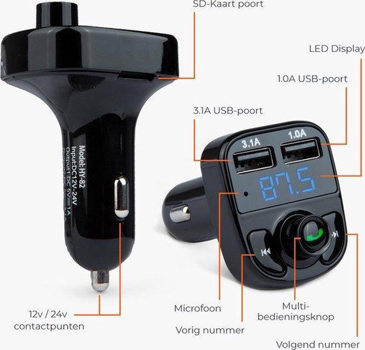FM X8 - Transmitter - Auto – USB Lader – Bluetooth - Receiver – Handsfree - draadloze - auto-mp3-speler - snelladen - QC3.0 USB-oplader - Zwart – foto 2