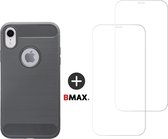 BMAX Telefoonhoesje geschikt voor iPhone XR - Carbon softcase hoesje grijs - Met 2 screenprotectors