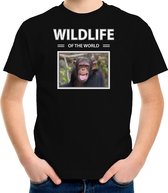 Dieren foto t-shirt Chimpansee aap - zwart - kinderen - wildlife of the world - cadeau shirt Apen liefhebber S (122-128)