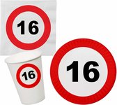 Verjaardag feestartikelen tafel dekken set 16 jaar verkeersbord/stopbord thema - 8x bordjes - 8x bekertjes - 16x servetten