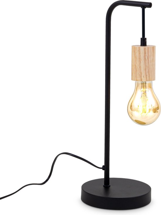 B.K.Licht - Landelijke Zwarte Tafellamp - met industriële retro design - houten slaapkamer bedlamp - h: 42.5 cm - E27 fitting - excl. lichtbron
