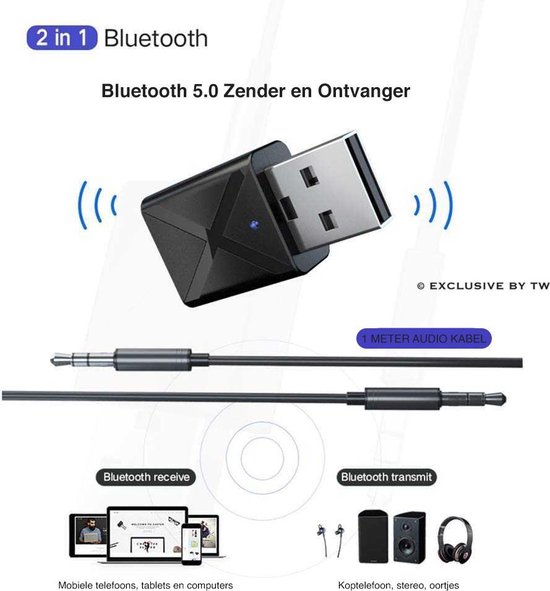 2 in 1 USB Bluetooth 5.0 Zender en Ontvanger - Bereik tot 10 Meter - Draadloze Audio Adapter - Wireless Transmitter & Receiver voor TV / PC / Auto / Koptelefoon / Luidspreker - Exclusive by TW