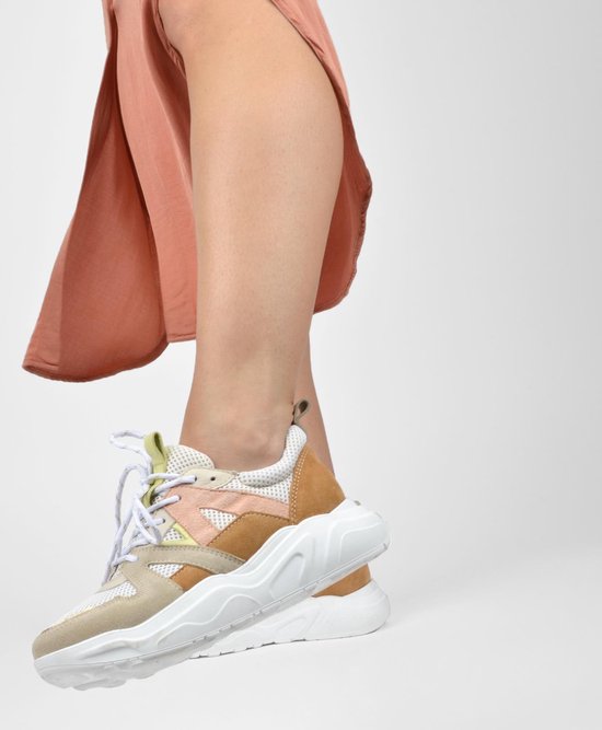 PS Poelman Year Dames Leren Chunky Runner Sneaker van Mesh en Suéde – Beige Cognac Peach – Maat 39