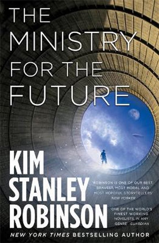 Livre "The Ministry for the Future" par Kim Stanley Robinson. Un homme se tient dans un tunnel futuriste regardant la lune et un vaisseau spatial.