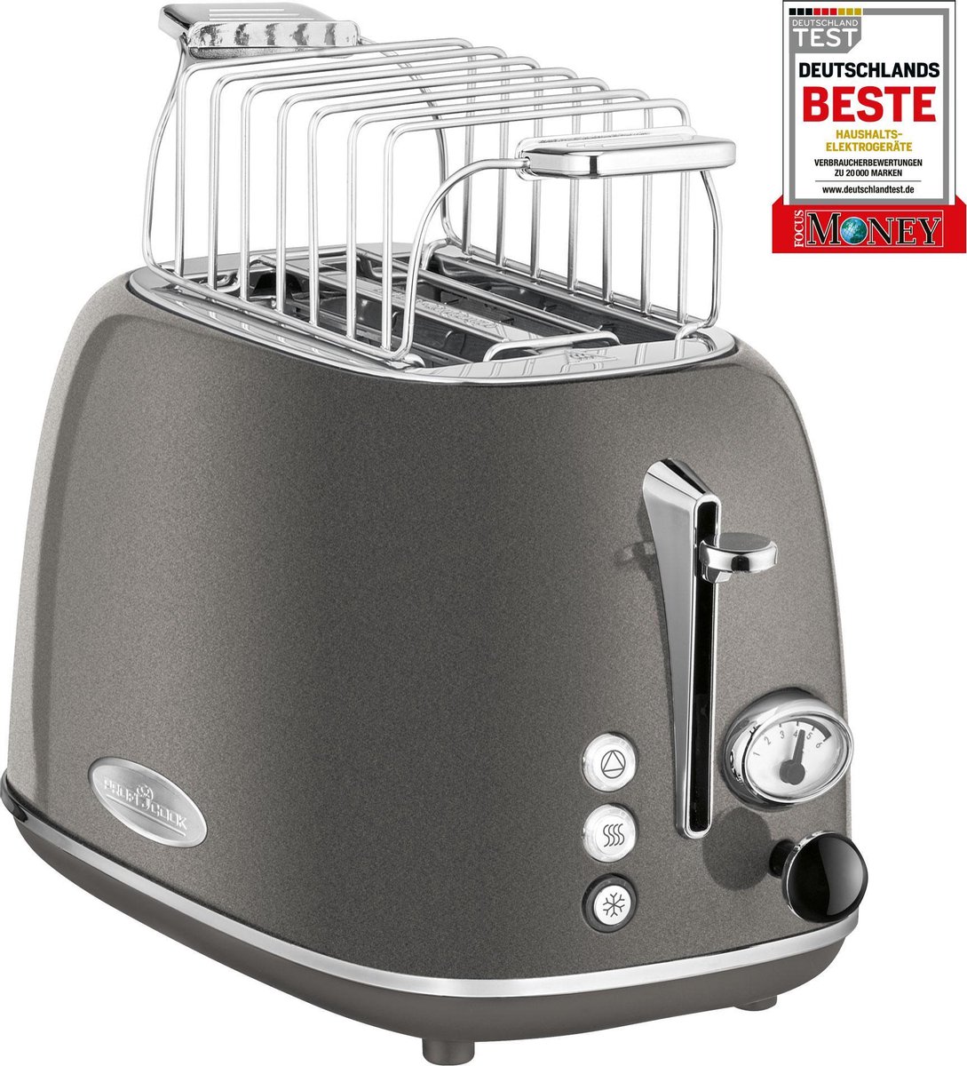 ProfiCook PC-TA 1193 retro broodrooster, 2 sneetjes broodrooster, vintage look, roestvrijstaal gelakte behuizing, broodjes opzetrekje, traploos instelbare bruiningsgraad, centreerfunctie, kruimellade