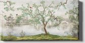 Chinoiserie Orientaal Aziatisch Chinees Japans Landschap 80x40cm| Pagode aan Water met Bomen Kunstwerk Wanddecoratie Digitaal Canvas Schilderij