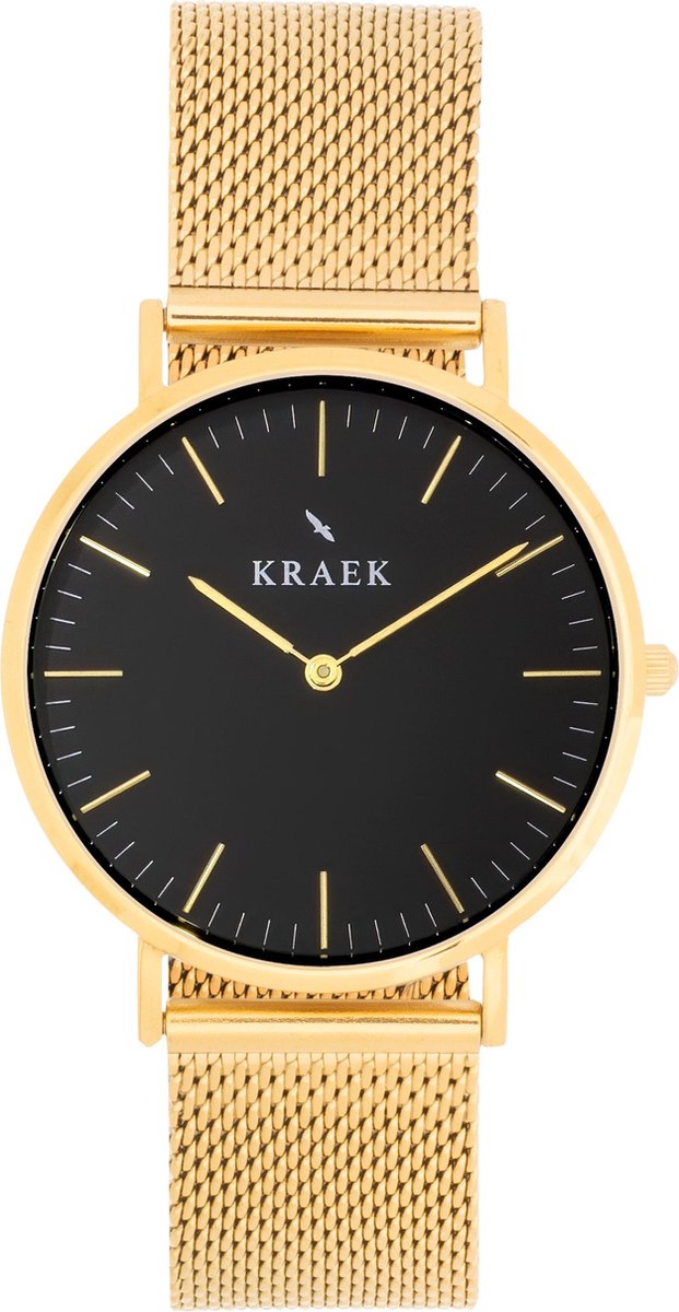 KRAEK Loa Goud Zwart 36 mm | Dames Horloge | Goud Mesh horlogebandje | Inclusief Pushpin