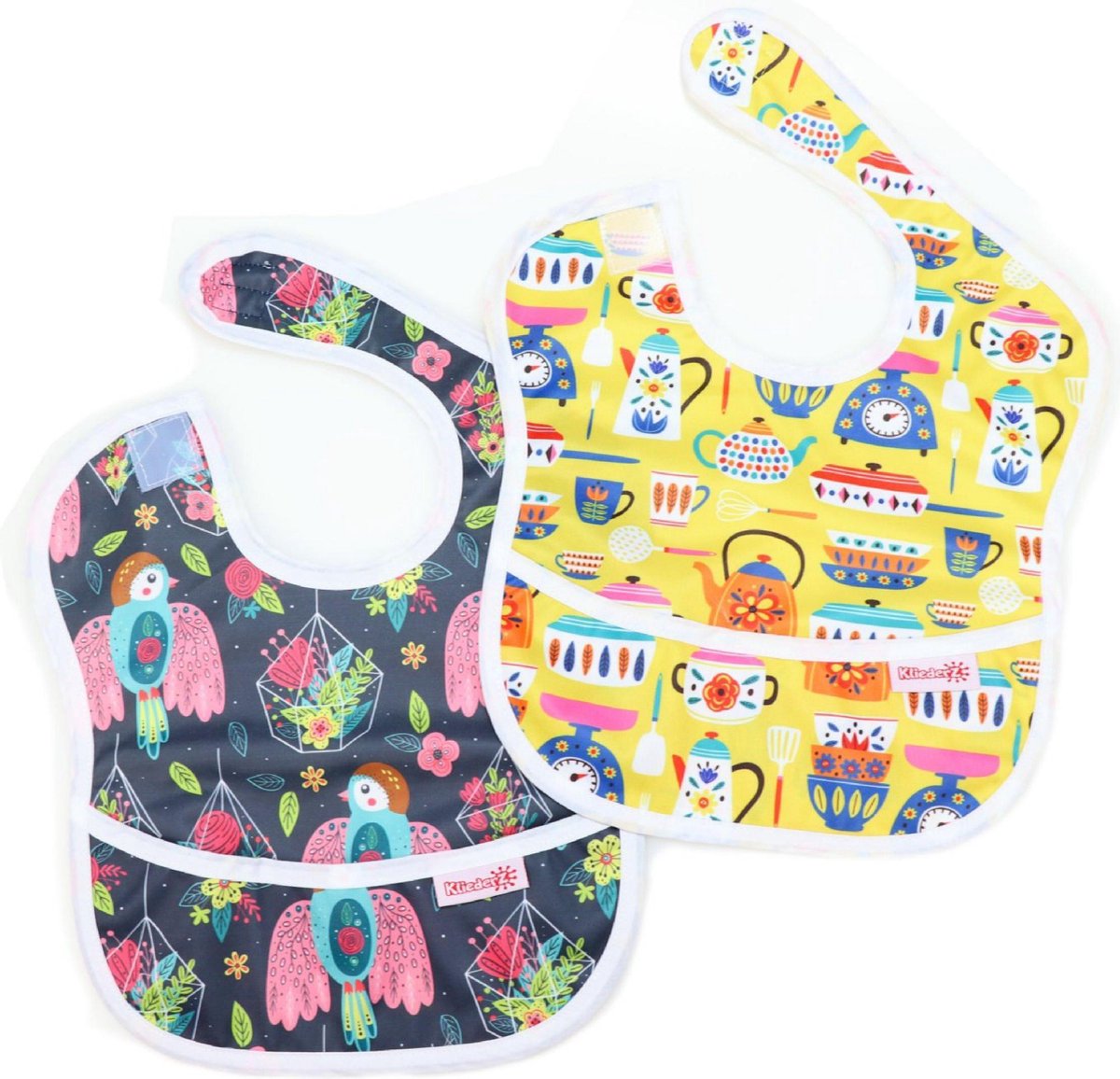 Goedkoopste KliederZ baby eetslabbetje met opvangbakje | set 2 stuks slabber meisje | Vogelvrij & Theetijd | FP01