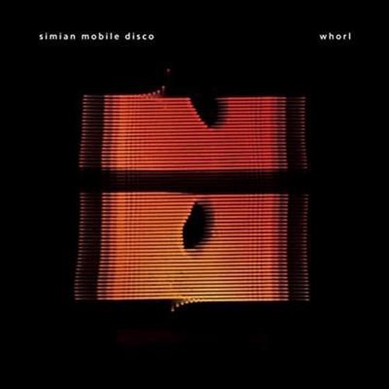 Simian Mobile Disco - Whorl albumhoes met oranje en rode lijnen die een spiraalvormige beweging suggereren, symmetrisch gespiegeld.