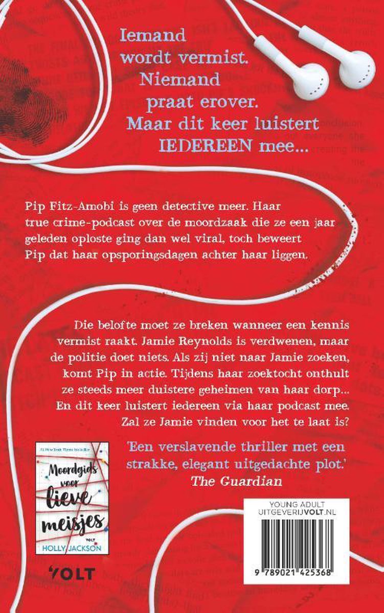 Boekomslag met de titel 'Moordgids voor lieve meisjes'. Rode achtergrond met witte draad en vingerafdrukken. Rechtsboven witte oortjes.