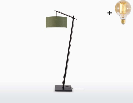 Vloerlamp – ANDES – Zwart Bamboe Voetstuk (h. 176 cm) - Groen Linnen - Met LED-lamp