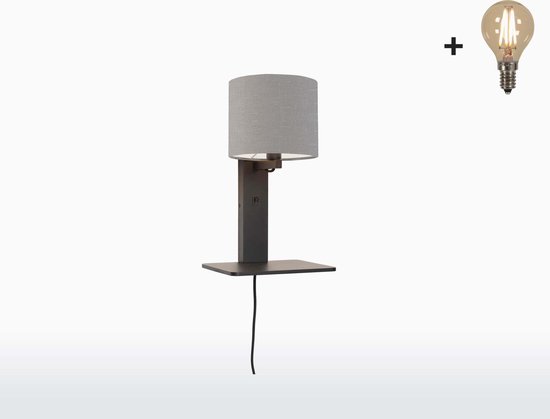 Wandlamp met Boekenplank - ANDES - Zwart Bamboe - Lichtgrijs Linnen - Met LED-lamp